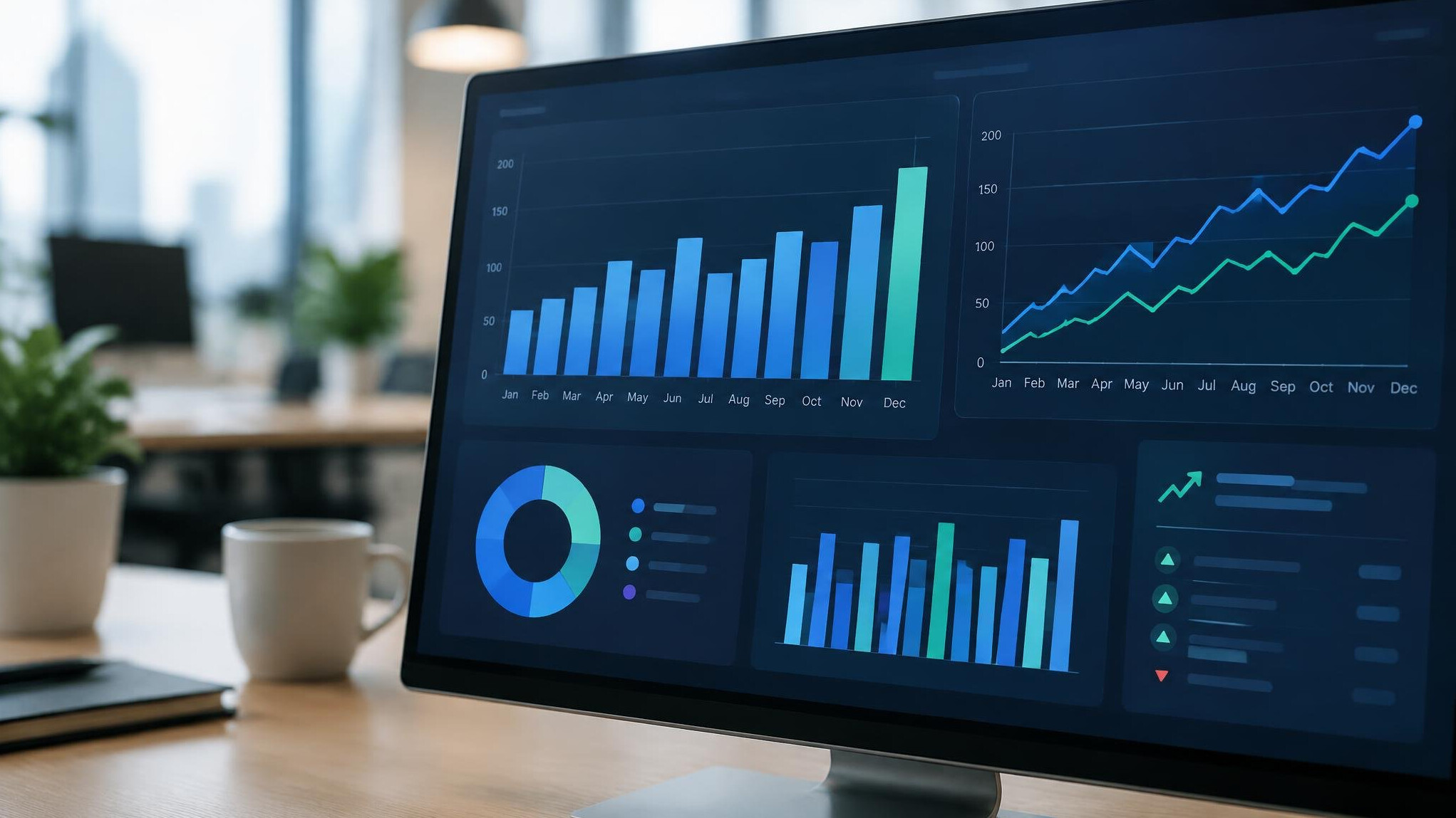 Screen with financial dashboard and colorful charts