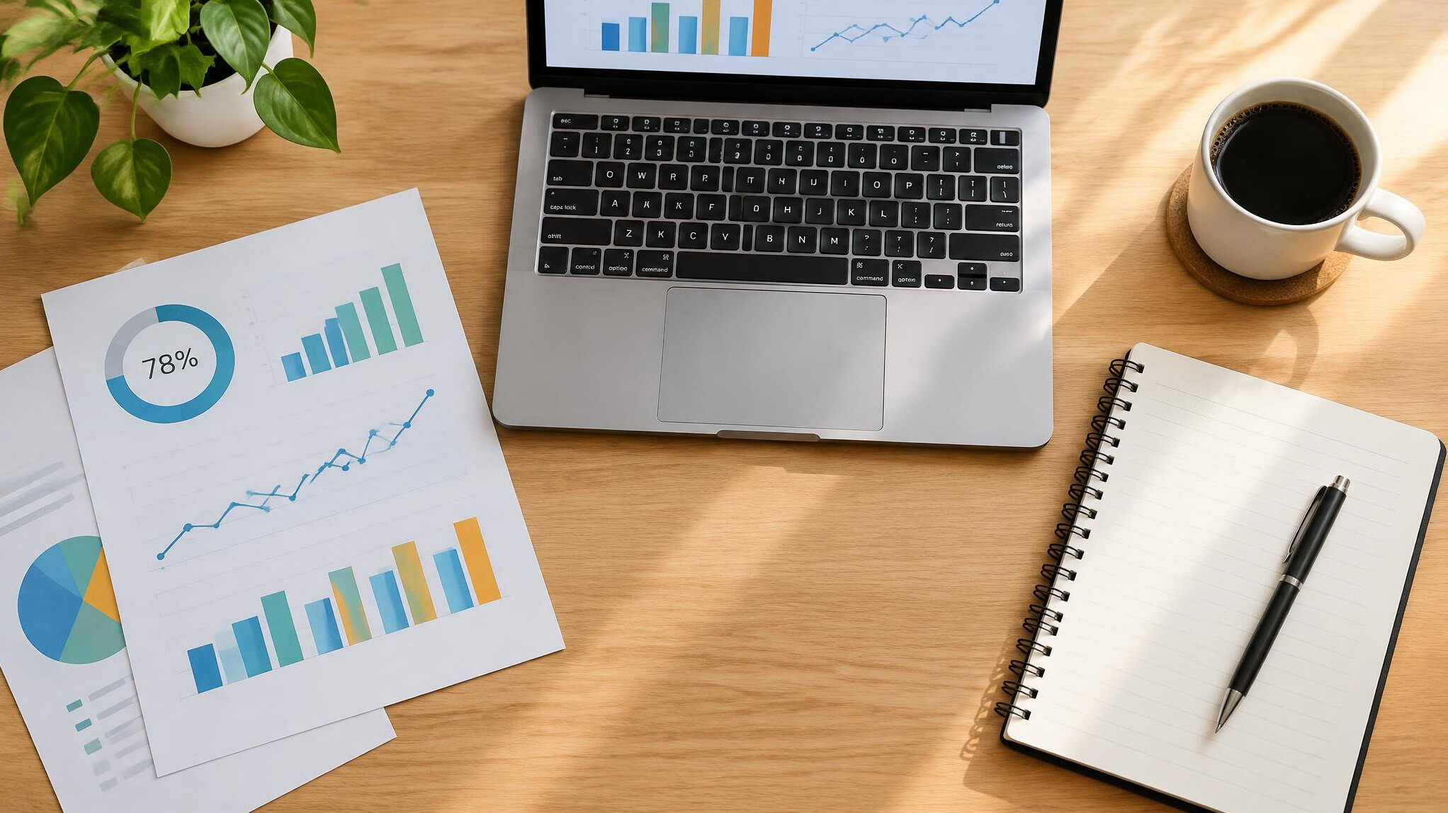 Desk with laptop, charts and a notebook for project management