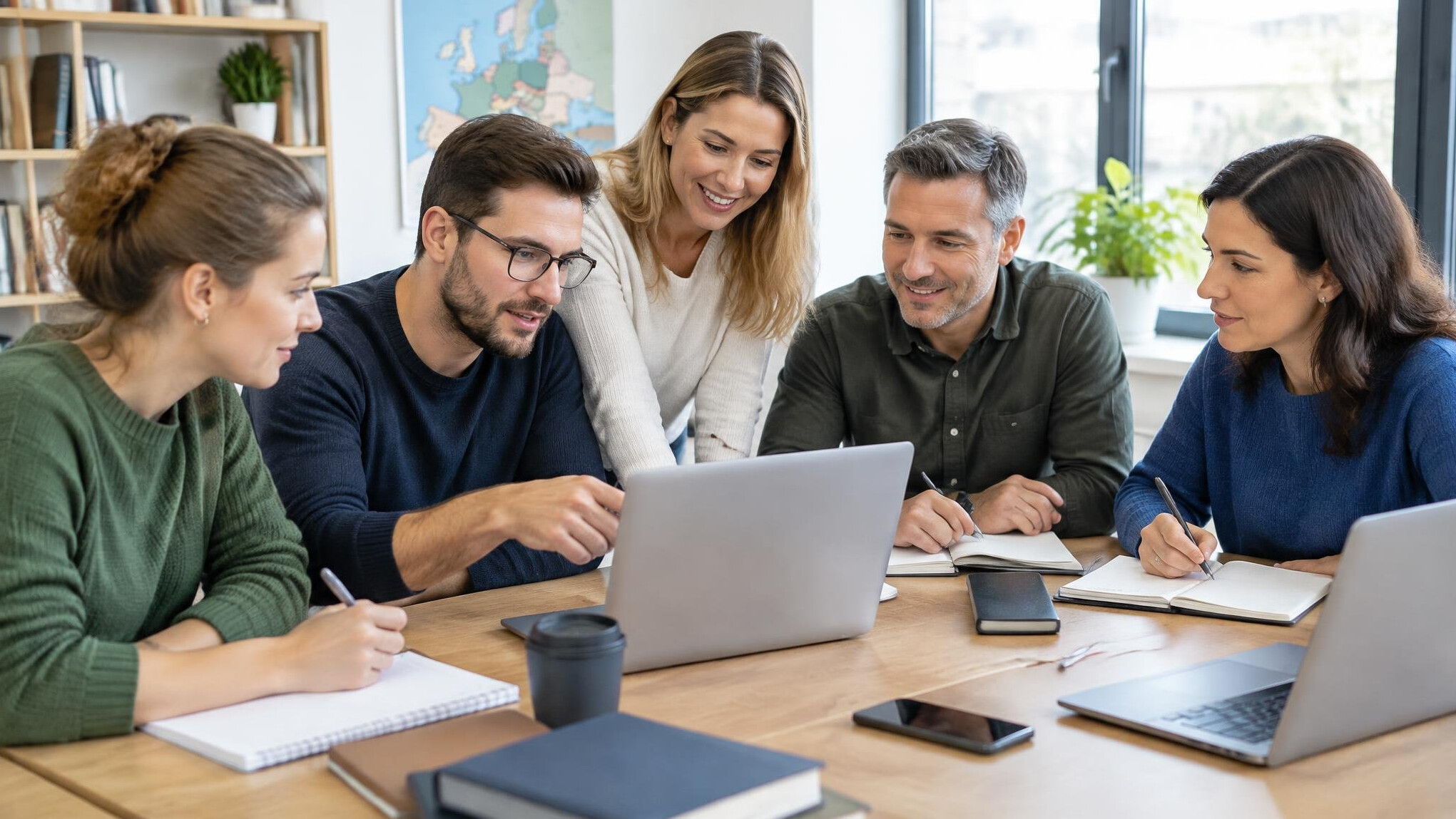 Group of adults studying together with laptops and notebooks