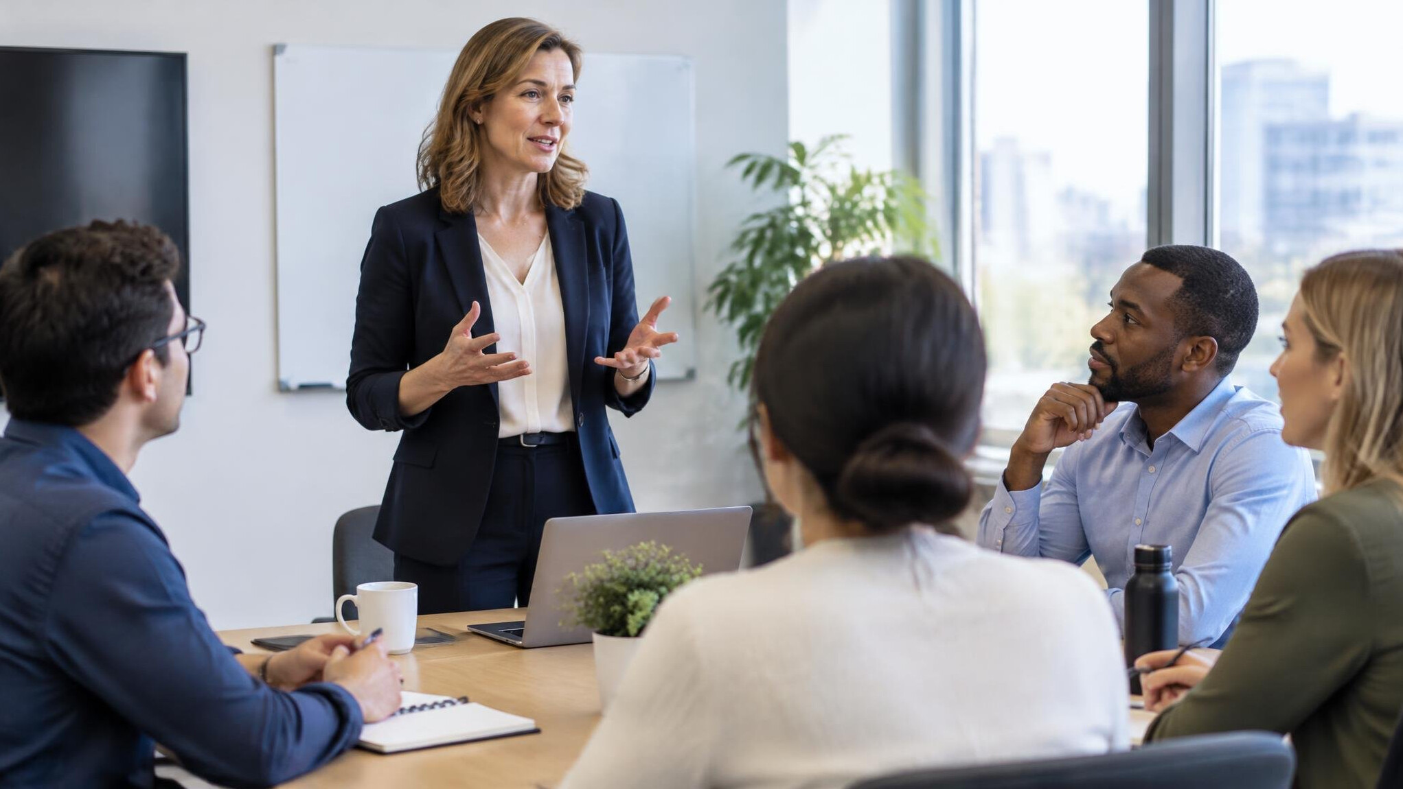 Team leader presenting to colleagues in a meeting room