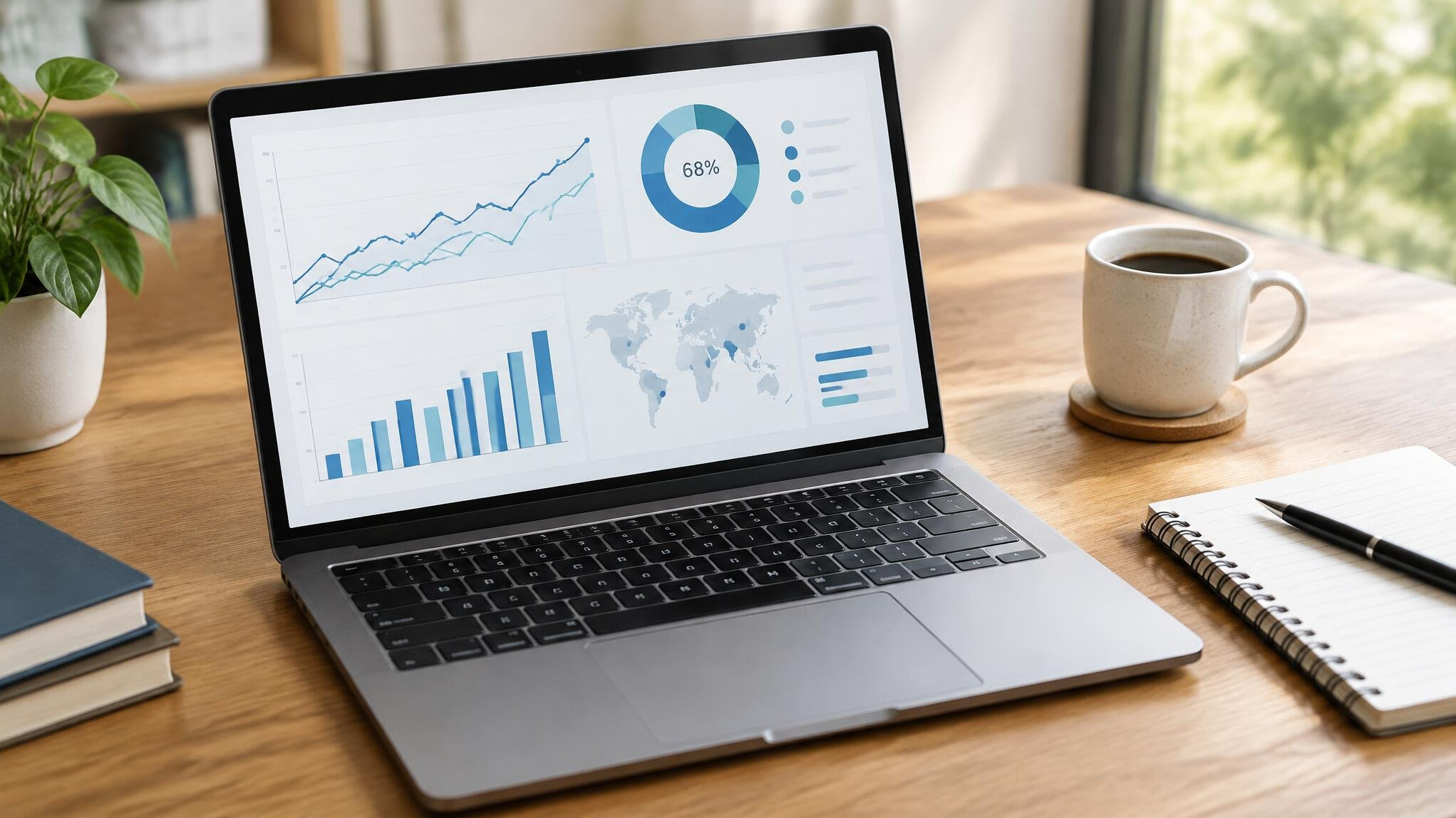 Laptop on a desk showing business analytics charts
