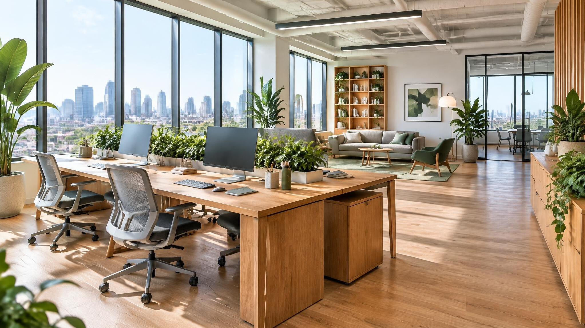 Bright modern office interior with large windows and plants