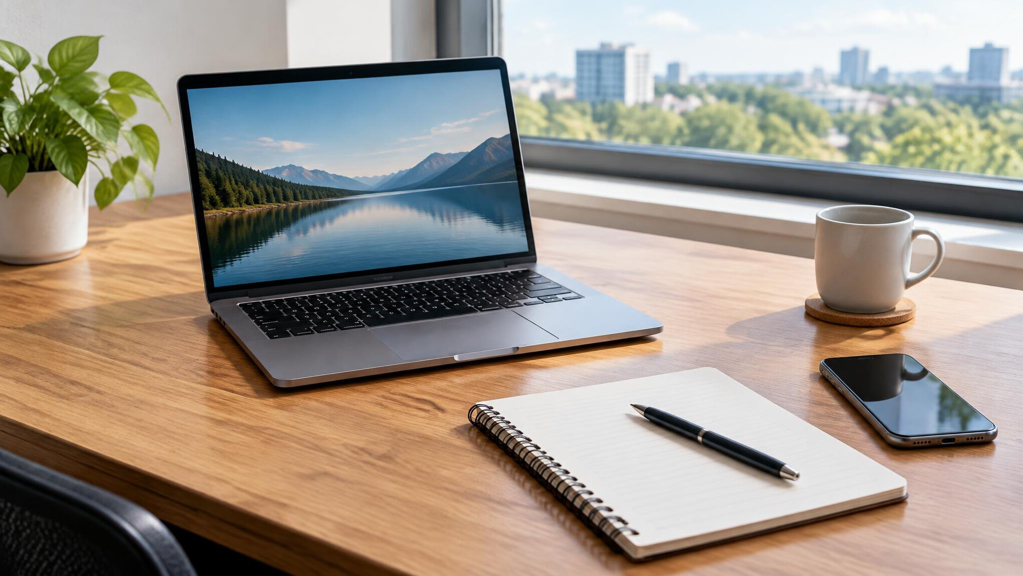 Clean office desk with laptop, notebook and phone