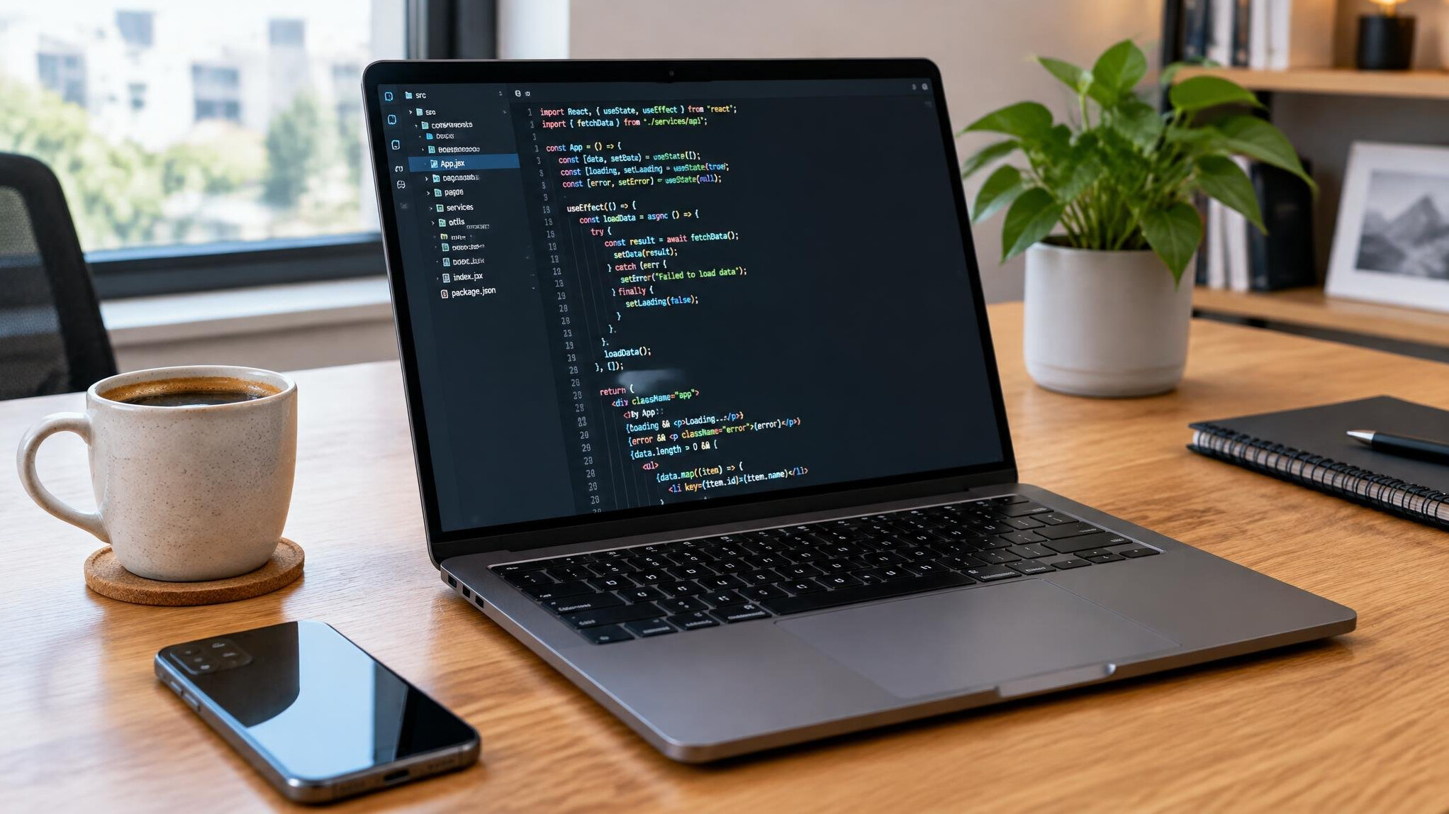 Laptop with code on screen next to a coffee cup